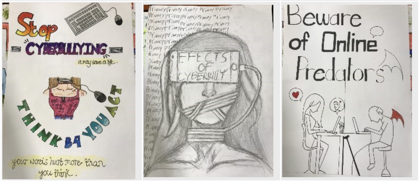 Three hand-drawn student posters about internet safety: stop cyberbullying, effects of cyberbullying, and beware of online predators.